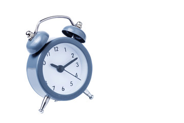 Metal Alarm clock work time on white background 10 am