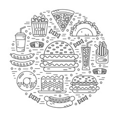 Vector modern line style icons concept of fast food, junk food. Tacos, popcorn, cheeseburger, hamburger, soda, sausage, french fries, sushi, donut, pizza, cake. Round shape illustration.