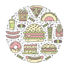 Vector modern line style color icons concept of fast food, junk food. Tacos, popcorn, cheeseburger, hamburger, soda, sausage, french fries, sushi, donut, pizza, cake. Round shape illustration.