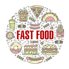 Vector modern line style color illustration of fast food, junk food. Tacos, popcorn, cheeseburger, hamburger, soda, sausage, french fries, sushi, donut, pizza, cake. Round shape icons concept.