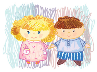 Vector  cute girl and boy cartoons, doodle style.