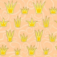 Seamless vector pattern with crowns of different shapes and wavy ornament on background