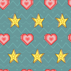Seamless vector pattern with hearts and stars on cyan background with ornament