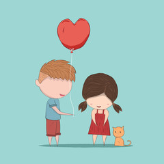 Boy heart-shaped balloons gives Girl and cat, cute Valentine's D