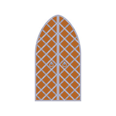 Old wooden arch door with metal lattice icon 