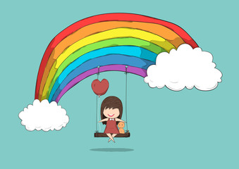 Cartoon girl and cat swinging on a rainbow, drawing by hand vect