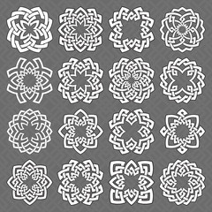 Set of ornamental round frames. Sixteen quadrangular decorative elements with stripes braiding for your logo or monogram design. Mandalas collection of white lines with black strokes