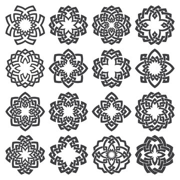 Set of ornamental round frames. Sixteen quadrangular decorative elements with stripes braiding for your logo or monogram design. Creative mandalas collection