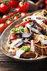 Italian traditional pasta with eggplant alla norma