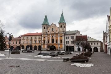 Fototapeta na wymiar Main square in the city centre of Zilina on February 27, 2015