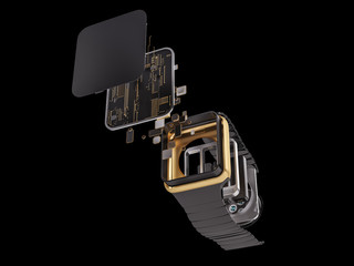 Internal inside electronic smart watches. 3d rendering.