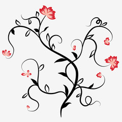 Abstract black silhouette of a plant with red flowers and tendrils.