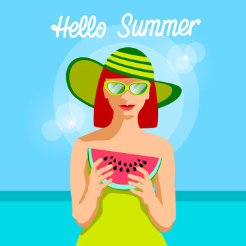 Woman Hold Water Melon Slice Over Sea Background Hello Summer Banner