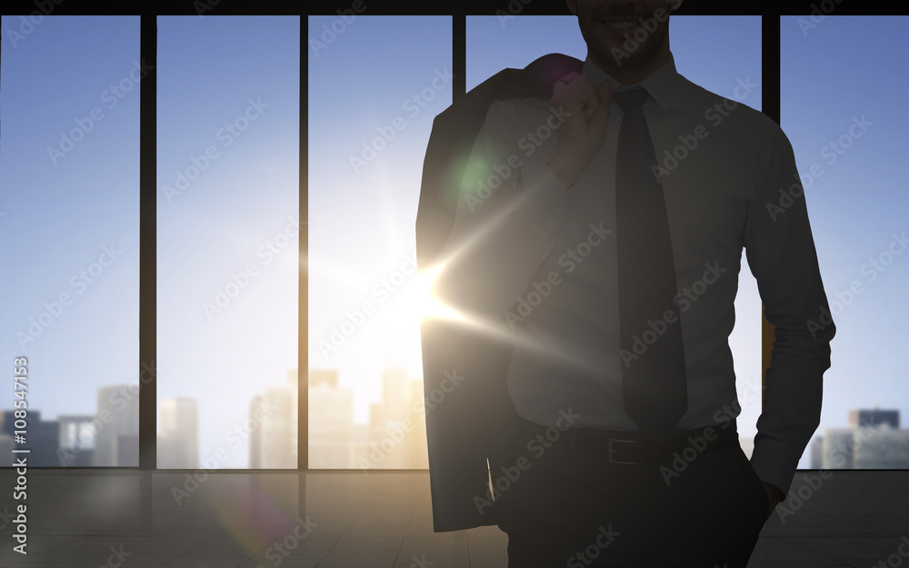 Sticker silhouette of business man over office background