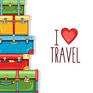 Travel background with stack of colorful suitcases