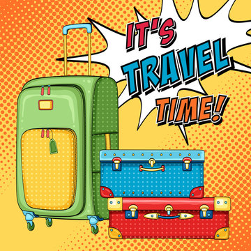 Travel pop art background with bag and stack of suitcases