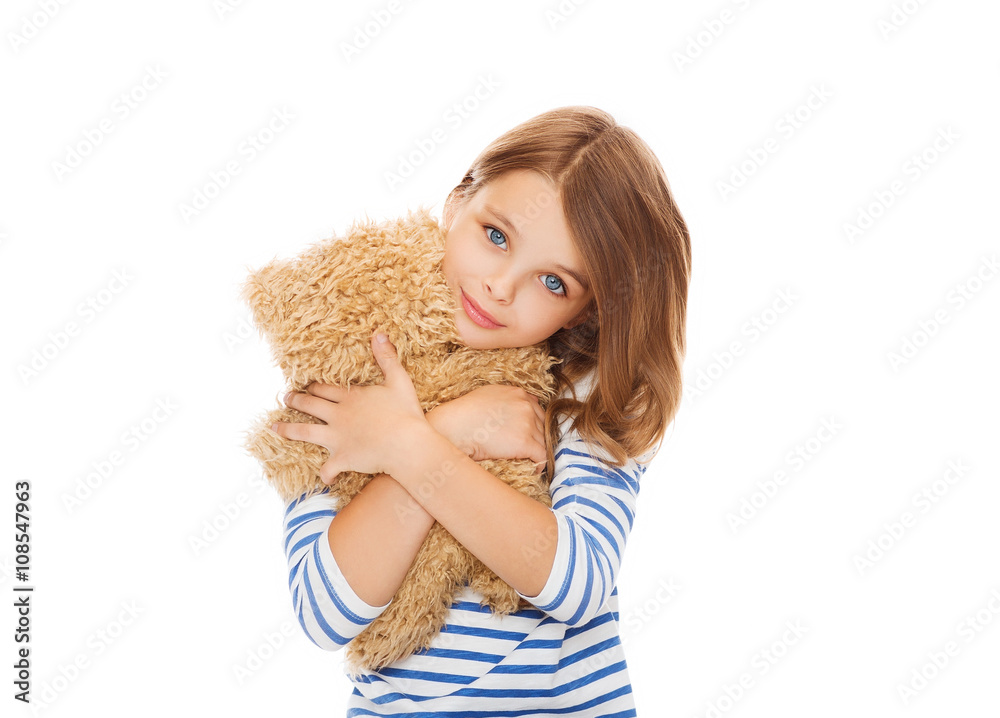 Poster cute little girl hugging teddy bear