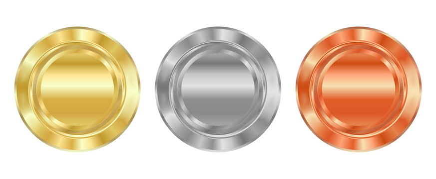 Vector Blank template for medals of gold, silver, bronze, which can be used as labels, buttons, coins, medals