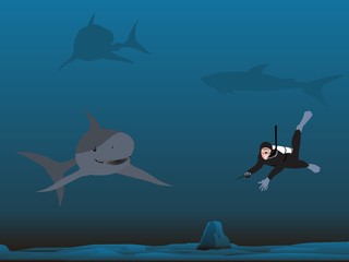 Diver and shark on underwater abyss vector illustration.