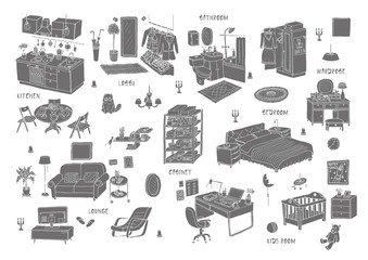 Doodle set of different interior hand drawn sketch, vector illustration. Isolated
