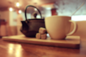 blurred background coffee tea cup teapot