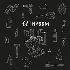 Bathroom. Cosmetics objects. Doodles. Isolated. Vector