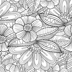 seamless pattern with decorative flowers and leaves in doodle style