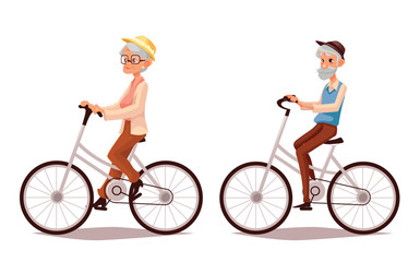 Fototapeta premium Mature couple riding bikes, vector cartoon illustration of two old people zhenschitsy men ride bicycles, old men and women involved in sports, old and the old ride bikes, isolated couple old people
