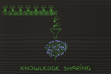 circuit brain elaborating ideas (lightbulbs), knowledge sharing