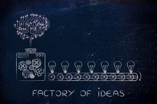 electronic brain on a production line of ideas, factory of ideas