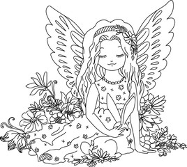 Cute angel with bunny. Coloring book illustration
