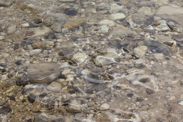 Grey yellow brown black boulders under water background