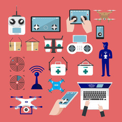 Drones vector set. Flat design element drone and controller connecting. Illustrate