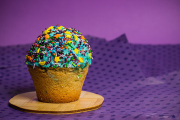 Multicolored sweet cupcake on wooden board, purple background, food photo