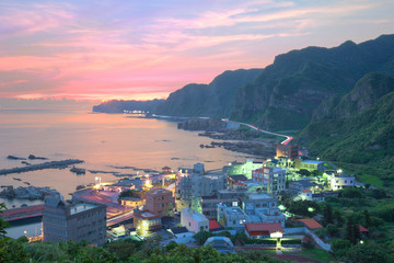 Aerial view of a fishing village and Coast Highway at dawn on northern coast of Taipei Taiwan ~ Beautiful coastal scenery under moody rosy sunrise sky
Cliff coastal line  road at Dawn ~ - Powered by Adobe