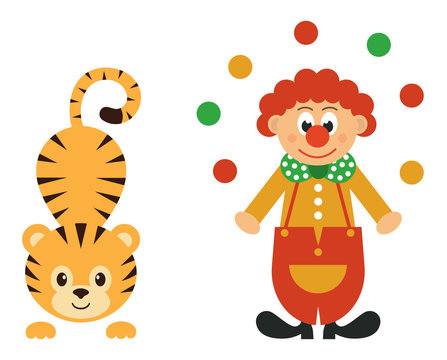 cartoon tiger and clown with balls