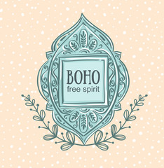 Boho style background. Vector illustration. Blue decorative frame.