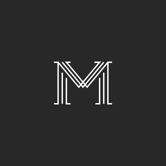 Monogram letter M logo mockup, thin line decoration hipster initial, outline black and white graphic wedding invitation emblem