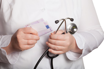 Doctor with stethoscope on a white background
