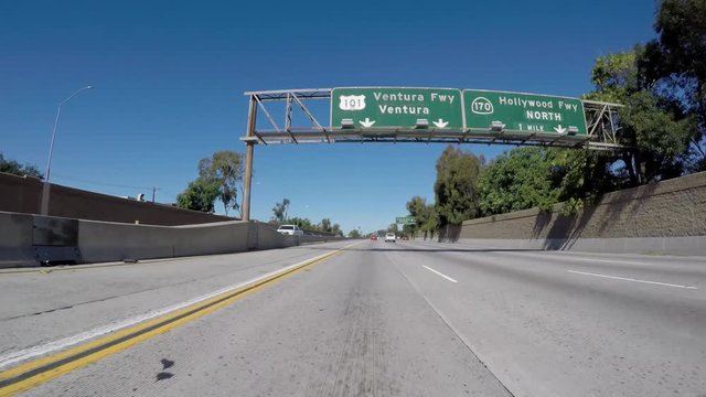 Burbank, California, USA - April 16, 2016:  Ventura 134 and 101 Freeway driving near Los Angeles in Southern California.