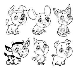 Cute farm animals in black and white