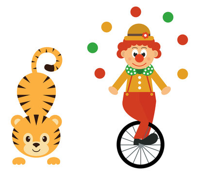 cartoon tiger and clown and bike