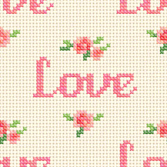 Seamless cross stitch pattern with 'Love' and pink roses. Vector background illustration, eps10.
