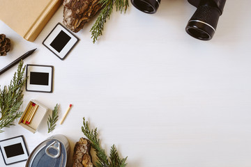 Top view of adventure vintage gear for traveling