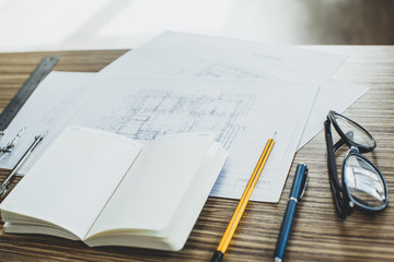 Project drawings and tools, close up