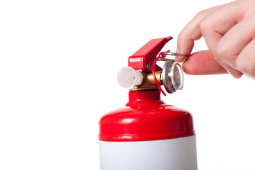 Man using fire extinguisher isolated on white