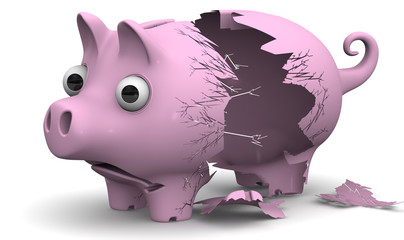 A broken empty pig piggy bank on a white surface. Isolated. 3D Illustration