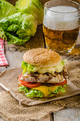 Chicken burger, cold beer