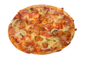 Tasty flavorful pizza isolated on white