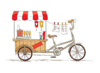 Hot dogs on bicycle/ Vector illustration on the theme of street food.